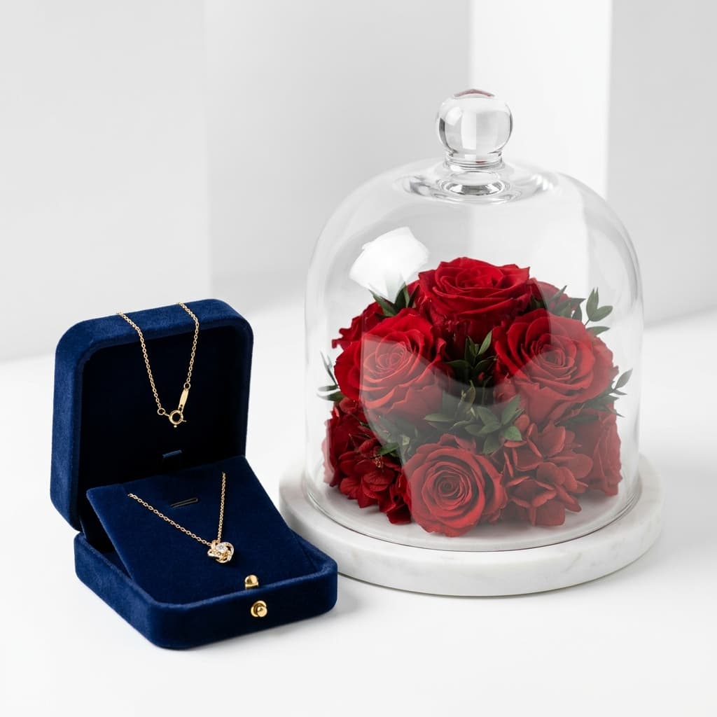 Enchanted Crimson Roses & Gold Necklace