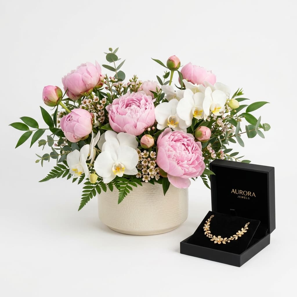 Peony & Orchid Floral Arrangement with Gold Bracelet